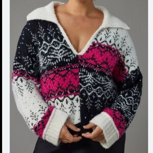 Pilcro Fuzzy Fair Isle V Neck Sweater Black White Pink XS